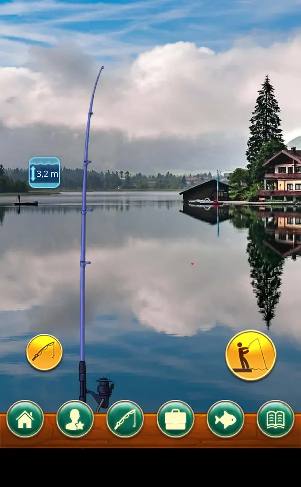Fishing Baron: See mit Holzhaus und Steg, Posenrute und Tiefenanzeige von 3,2 Metern