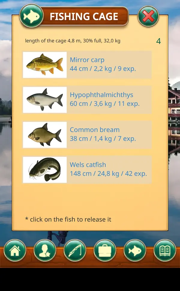 Fishing Baron: Setzkescher mit Spiegelkarpfen, Silberkarpfen, Brasse und Wels samt Länge und Gewicht